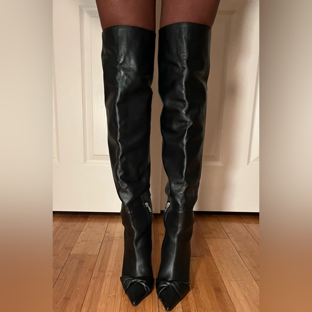 Patrizia Pepe genuine leather over the knee leather boots with unique toe detail